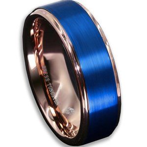 Men's Tungsten Wedding Band (8mm). 18K Rose Gold Ring with Blue Matte Finish Top
